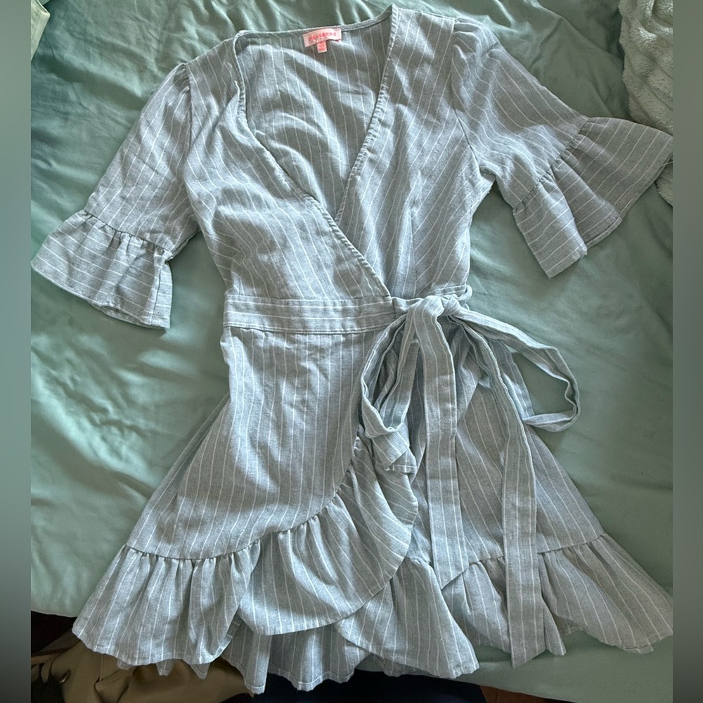 Blue and white striped wrap mini dress